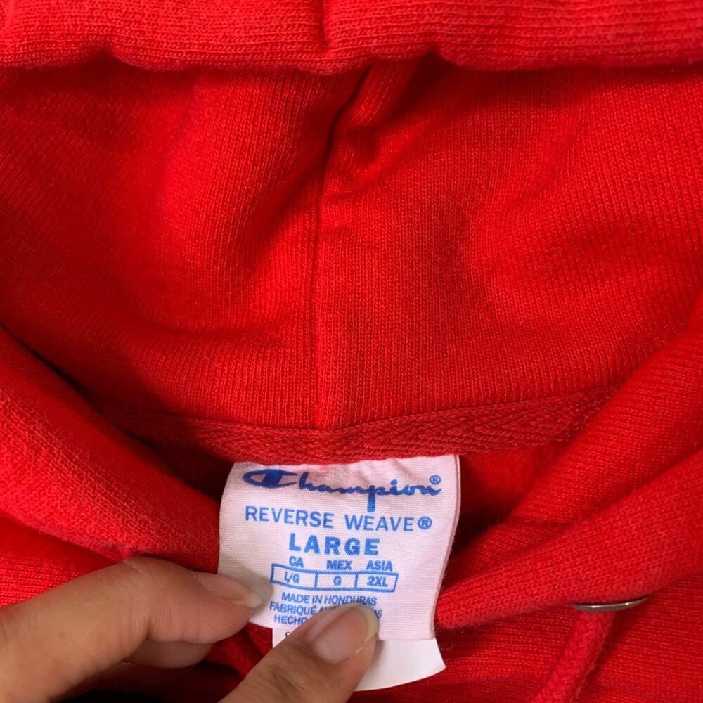 Champion Sweatshirt Mens L Large Red Reverse Weave Fleece Lined Hooded Pullover - Picture 4 of 11